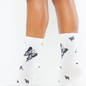 White Butterfly Print Crew Socks